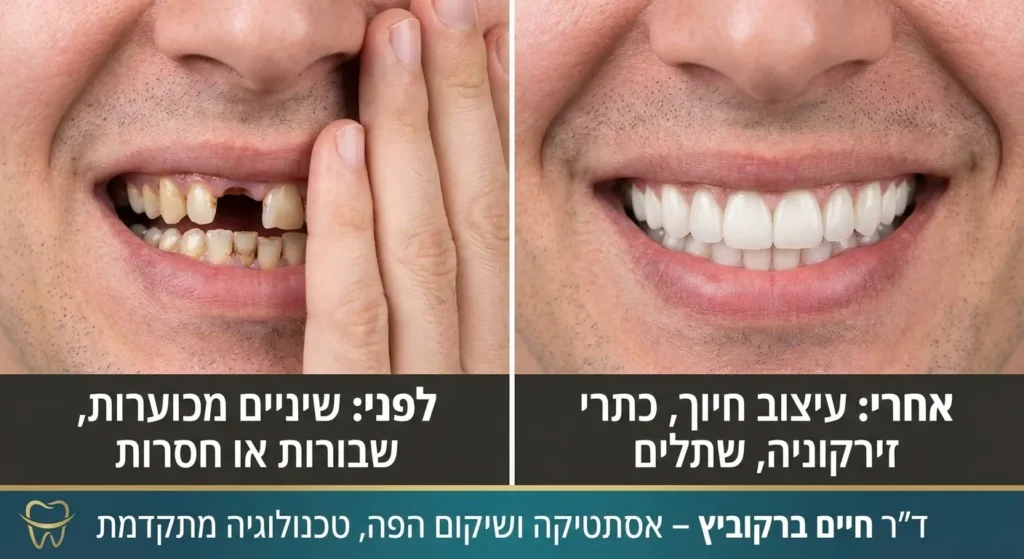 מטופל עם שיניים מכוערות ושבורות לפני טיפול ואחרי טיפול עם עיצוב חיוך לאחר שיקום